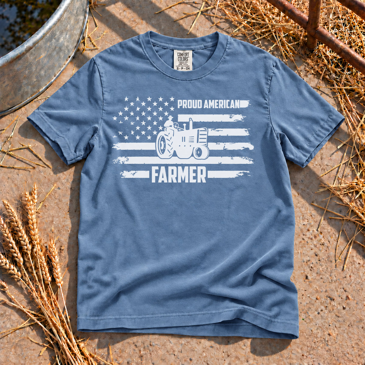 Proud American Farmer T-Shirt in Blue Jean