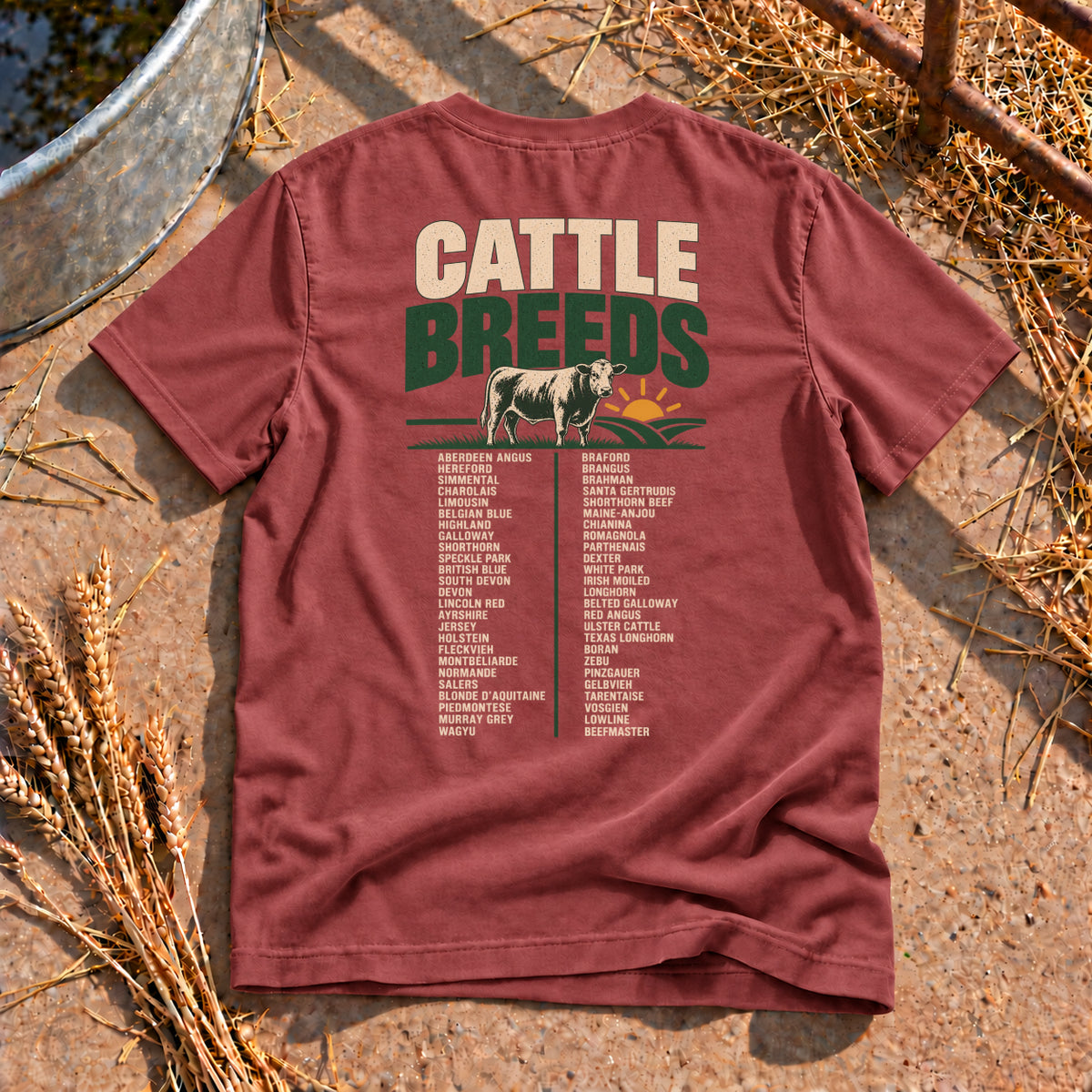 Cattle Breeds Back Print T-Shirt in Brick