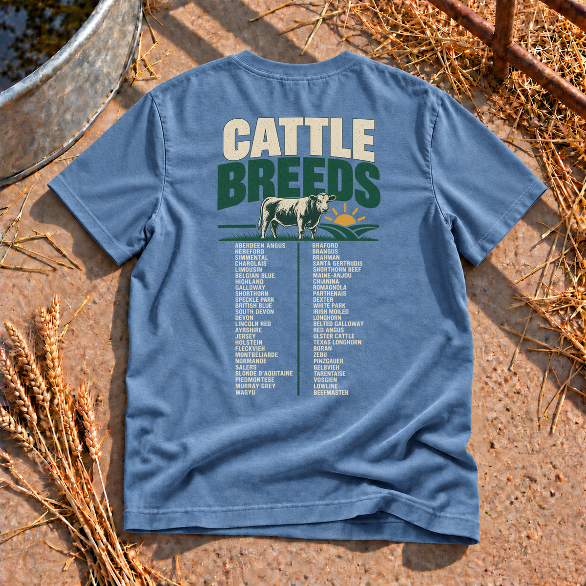 Cattle Breeds Back Print T-Shirt in Blue Jean
