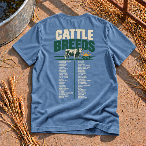 Cattle Breeds Back Print T-Shirt in Blue Jean
