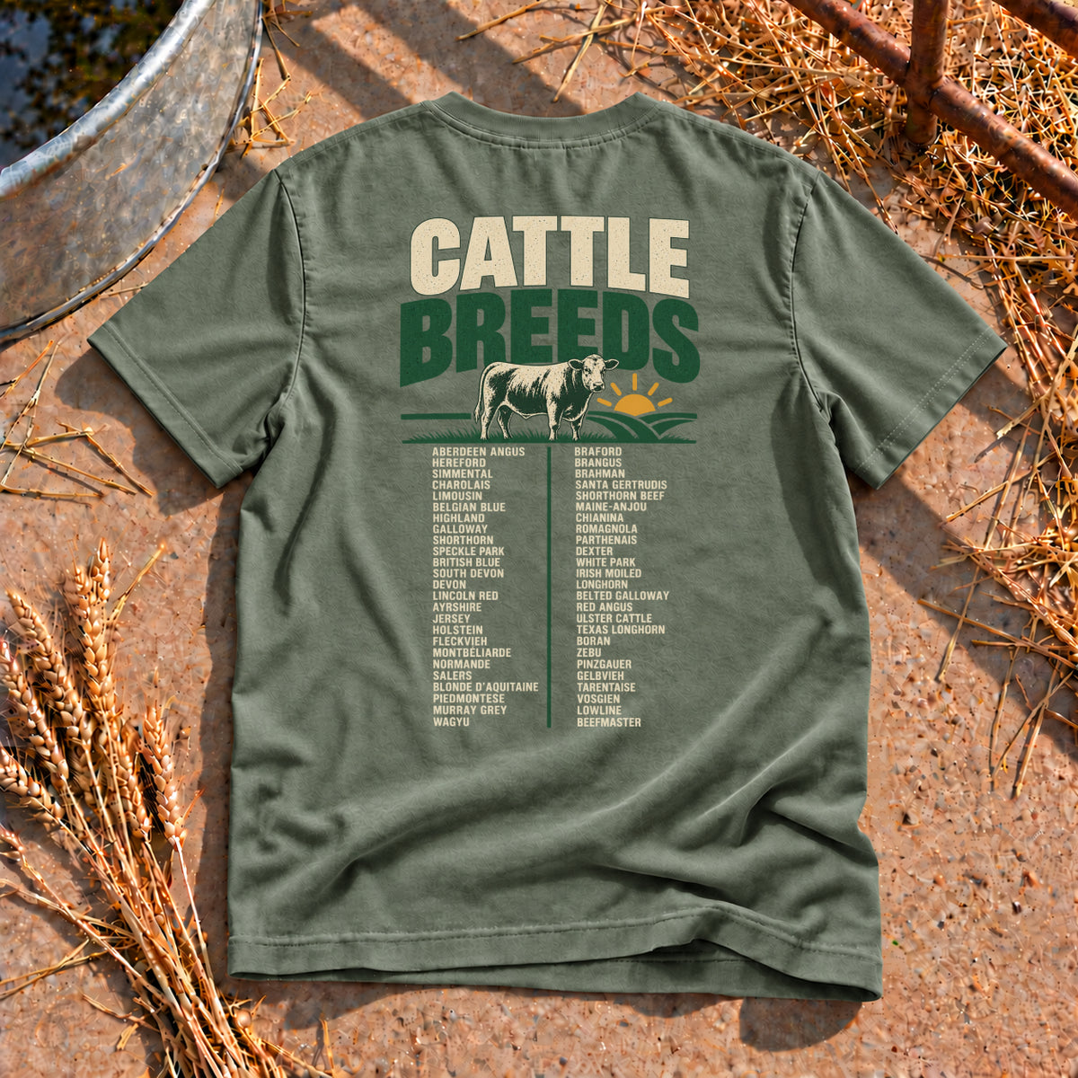 Cattle Breeds Back Print T-Shirt in Moss