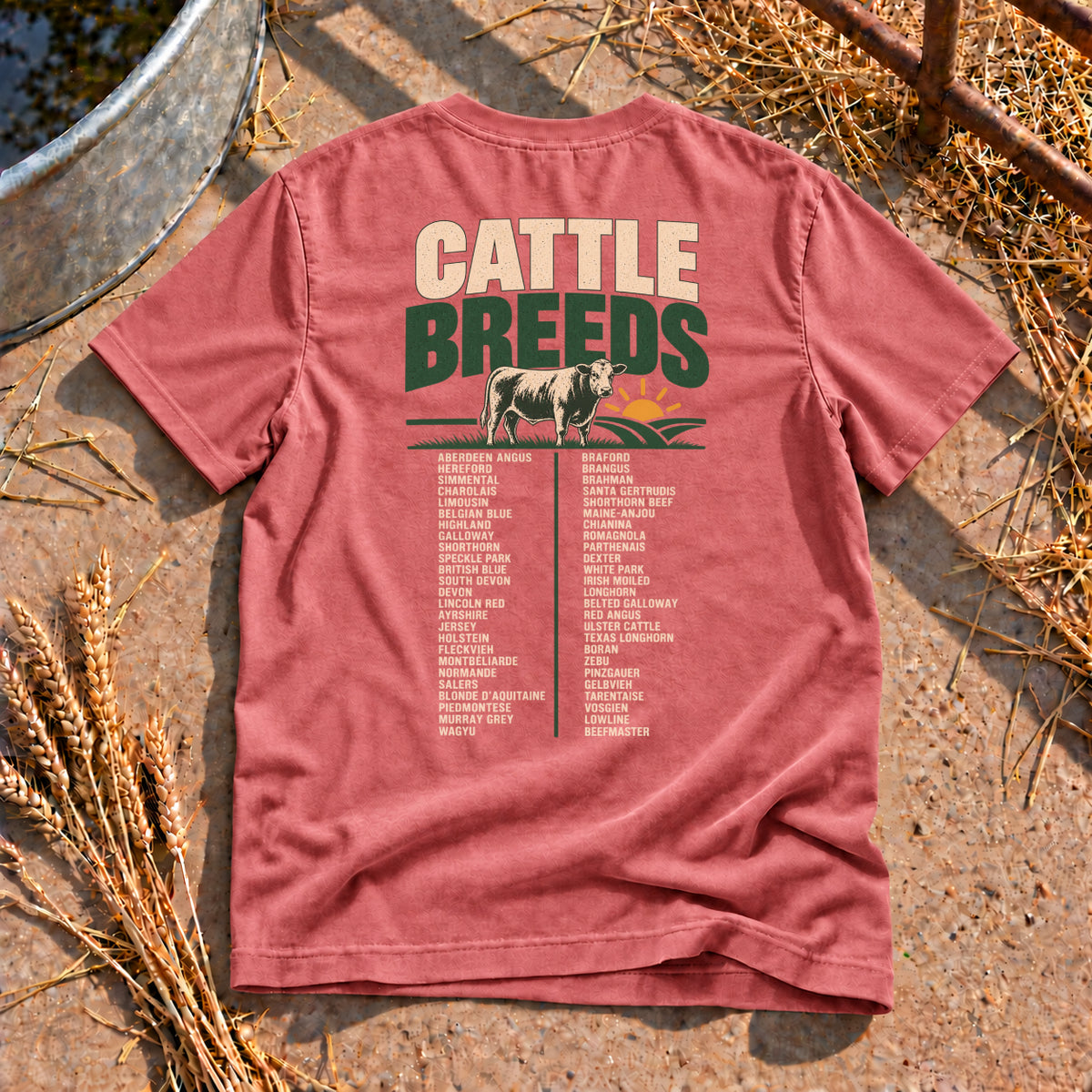 Cattle Breeds Back Print T-Shirt in Watermelon