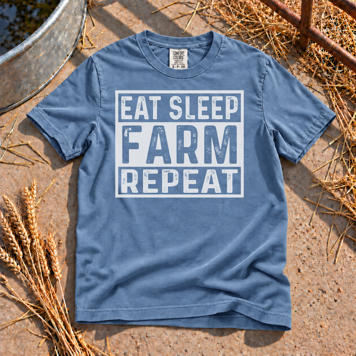 Eat Sleep Farm Repeat T-Shirt in Blue Jean
