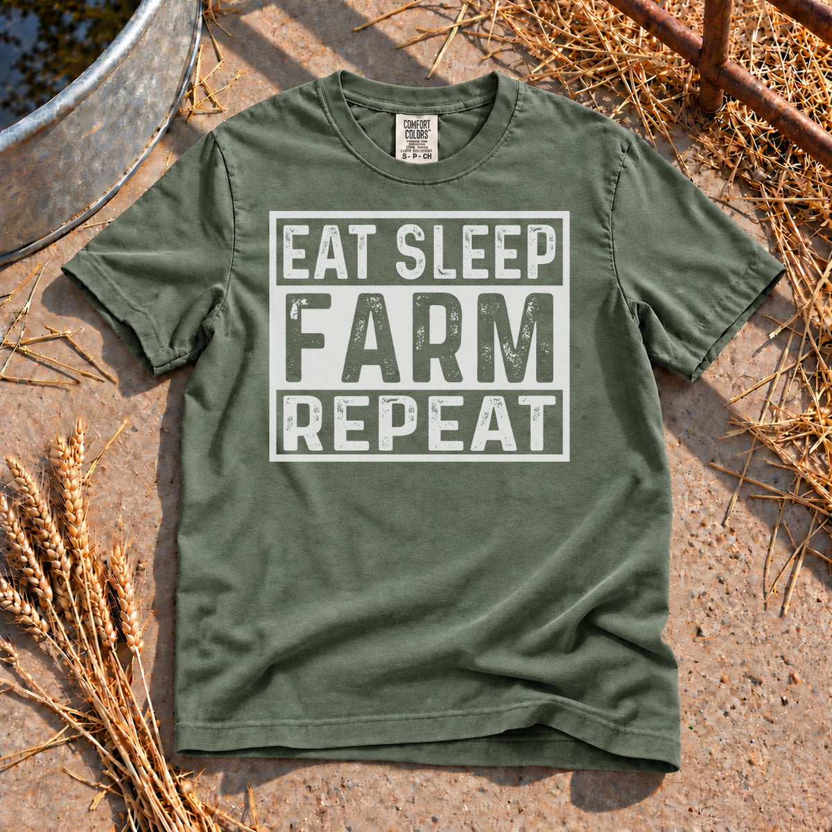 Eat Sleep Farm Repeat T-Shirt in Moss
