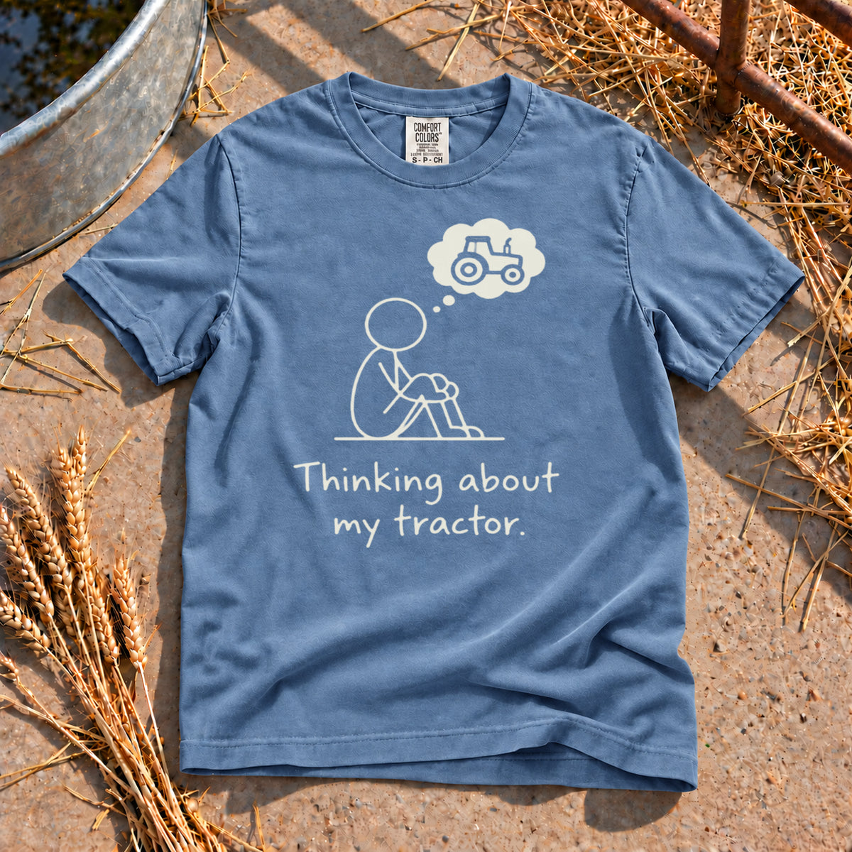 Thinking About My Tractor T-Shirt in Blue Jean