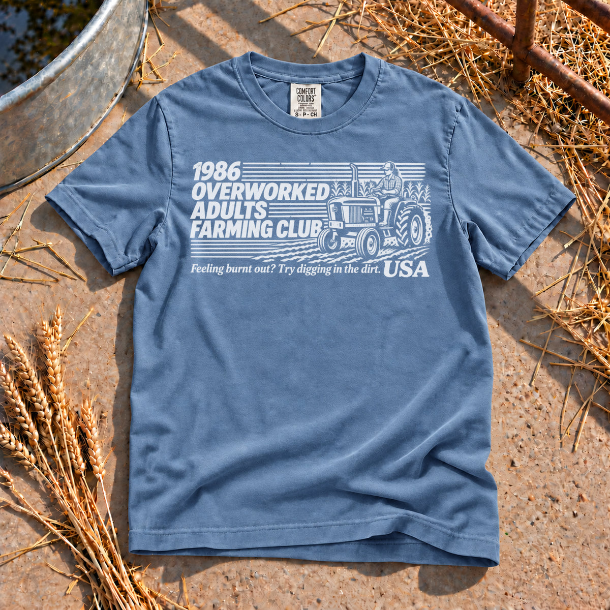 Overworked Farming Club T-Shirt in Blue Jean