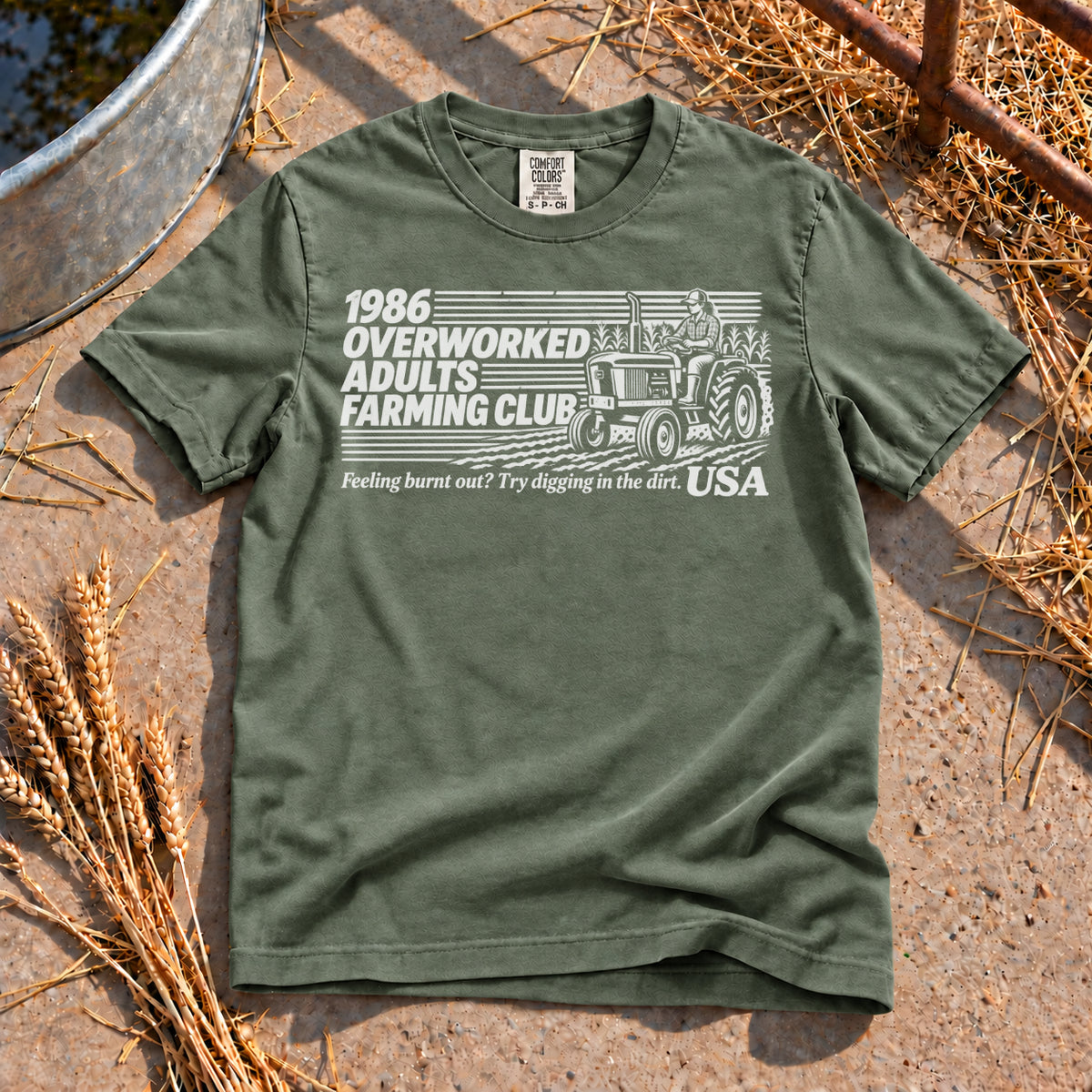 Overworked Farming Club T-Shirt in Moss